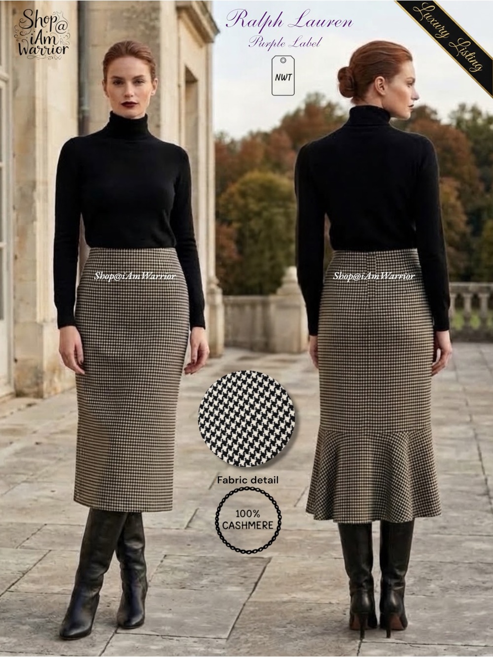 Ralph Lauren Collection NWT Cashmere Micro Houndstooth Sculptural Midi Skirt